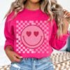 Smiley Face Sweatshirt, Valentines Day Smile Shirt, Retro Happy Face Crewneck, Trendy Checkered Sweatshirt, Cute Valentine Outfit, Plus Size