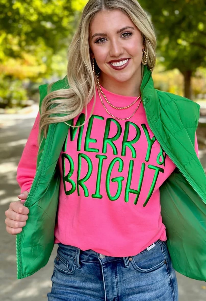 Merry and Bright metallic green puff crew unisex sweatshirt